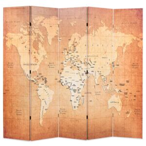 VidaXL Paravento Pieghevole 200x170 cm Stampa Mappa del Mondo Giallo