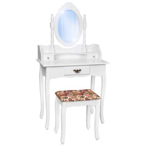 Tectake 400787 tavolino da trucco, toeletta, con specchio e sgabello effetto e anticato - bianco