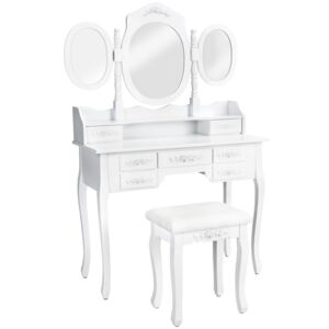 Tectake 402074 tavolino da trucco, toeletta, con 7 cassetti, specchio e sgabello effetto retrò - bianco