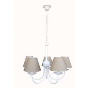 Lampadario 5 luci shabby bianco in metallo con paralumi tortora