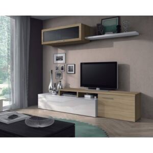 Mobile soggiorno porta TV, con due ante, modulo pensile e mensola, colore rovere e bianco lucido, cm 44 x 200 x 41