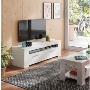 Mobile da soggiorno porta TV a due ante e due piccoli ripiani aperti, colore bianco lucido, cm 120 x 40 x 42