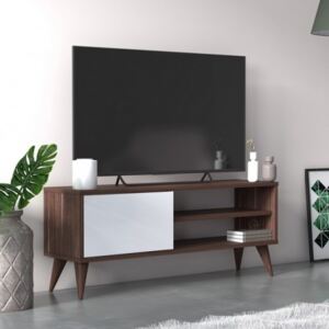 Mobile da soggiorno porta TV con un'anta battente e scomparti, cm 110 x 30  x 45, colore noce con dettaglio bianco