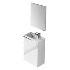 Mobiletto per il bagno a un'anta battente con lavabo e specchio inclusi, colore bianco lucido, cm 40 x 58 x 22