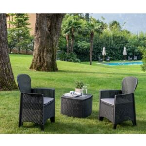 Set da giardino con cuscini, 2 poltrone e 1 tavolino contenitore da esterno, Made in Italy, color Antracite