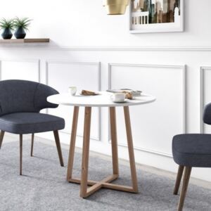 Tavolino rotondo alto con gambe incrociate, cm 90 x 90 x 75, colore bianco  e quercia