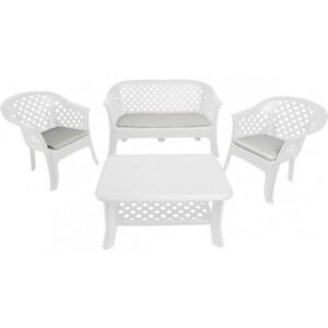 Set da esterno composto da 2 poltrone 1 panchina 1 tavolino, con cuscini, Made in Italy, color Bianco
