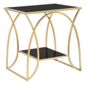 Tavolino elegante in metallo dorato, con piani in vetro temprato, colore nero, Misure 46 x 60 x 57 cm
