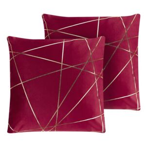 Set di 2 Cuscini Decorativi con Motivo Geometrico Dorato 45 x 45 cm Velluto Rosso Beliani