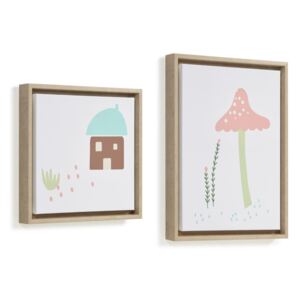 Kave Home - Set Leshy di 2 quadri casa azzurra e seta rosa 30 x 30 cm / 30 x 40 cm