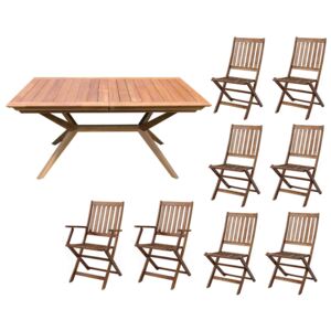 CAESAR - set tavolo da giardino allungabile 150/200 x 90 compreso di 6 sedie e 2 poltrone in legno massiccio di acacia
