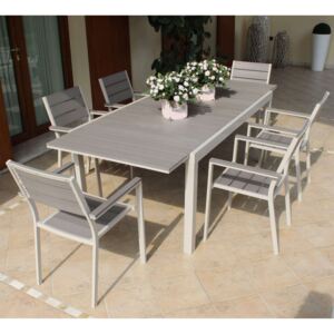 TRIUMPHUS - set tavolo da giardino allungabile 180/240 x 100 compreso di 6 poltrone in alluminio e polywood