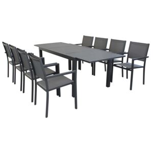 DEXTER - set tavolo da giardino allungabile in alluminio 160/240 x 90 compreso di 8 poltrone in alluminio e textilene