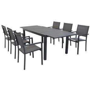 DEXTER - set tavolo da giardino allungabile in alluminio 160/240 x 90 compreso di 6 poltrone in alluminio e textilene