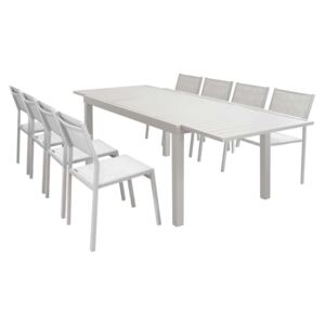DEXTER - set tavolo giardino rettangolare allungabile 160/240 x 90 con 8 sedie in alluminio e textilene tortora da esterno