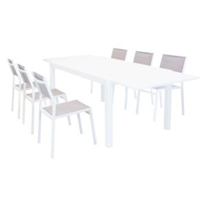 DEXTER - set tavolo giardino rettangolare allungabile 160/240 x 90 con 6 sedie in alluminio bianco e textilene da esterno