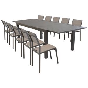 DEXTER - set tavolo giardino rettangolare allungabile 200/300 x 100 con 10 sedie in alluminio e textilene taupe da esterno
