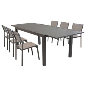 DEXTER - set tavolo giardino rettangolare allungabile 200/300 x 100 con 6 sedie in alluminio e textilene taupe da esterno