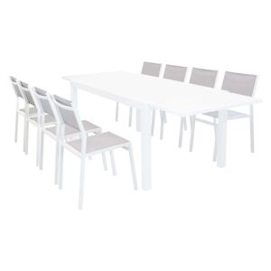 DEXTER - set tavolo giardino rettangolare allungabile 160/240 x 90 con 8 sedie in alluminio bianco e textilene da esterno