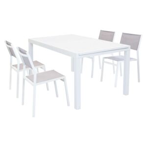 DEXTER - set tavolo giardino rettangolare allungabile 160/240 x 90 con 4 sedie in alluminio bianco e textilene da esterno