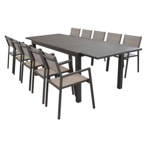 DEXTER - set tavolo 200/300 x 100 struttura e piano in alluminio compreso di 10 sedute