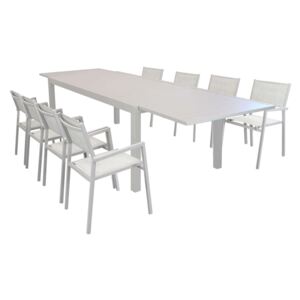 DEXTER - set tavolo 200/300 x 100 struttura e piano in alluminio compreso di 8 sedute