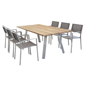 SALTUS - set tavolo in alluminio e teak cm 200 x 100 x 74 h con 6 sedute