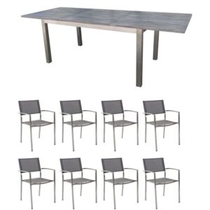 JUPITER - set tavolo in teak e acciaio cm 160/240 x 90 x 75 h con 8 sedute