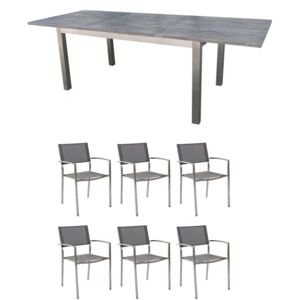 JUPITER - set tavolo in teak e acciaio cm 160/240 x 90 x 75 h con 6 sedute