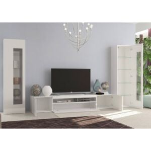 Parete attrezzata da soggiorno modulare, Made in Italy, Base porta TV e pensili, Set salotto moderno, cm 300x40h162, colore Bianco lucido