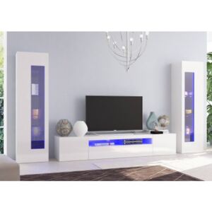 Parete attrezzata da soggiorno modulare, Made in Italy, Base porta TV e pensili, Set salotto moderno, cm 300x40h162, colore Bianco lucido, con luce LED blu