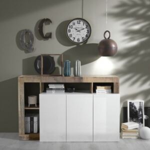 Credenza Bellevue Dmora 144x42x80cm - Buffet Salotto, Mobile TV, 3 Ante, Bianco - Foto 3