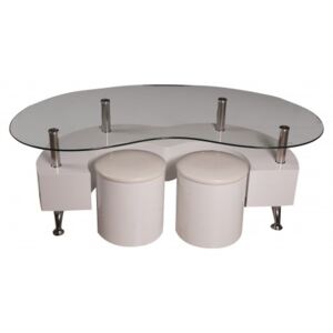 Tavolino decorativo moderno, piano in vetro e struttura in acciaio, Tavolino da caffè con Pouf a estrazione per salotto, cm 130x70h45, colore Bianco