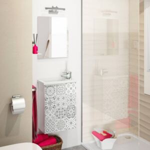 Mobile da bagno sospeso con 1 anta, lavabo e specchio inclusi, Armadietto bagno con ripiano interno, cm 40x22h58, colore Bianco lucido e Grigio