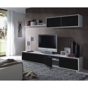 Mobile da soggiorno porta TV, colore bianco lucido e nero lucido, cm 200 x 41 x 43