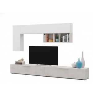 Mobile da soggiorno porta TV, con due ante, modulo pensile e mensola, color cemento e bianco, Misure 260 x 32 x 42 cm