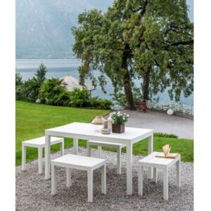 Set da esterno con 1 tavolo rettangolare 4 panche, Made in Italy, color Bianco