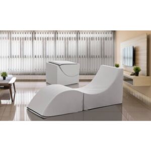 Pouf Clever singolo, 100% 100% Made in Italy, Pouf trasformabile in una chaise longue in ecopelle, cm 50x200h70, colore Bianco