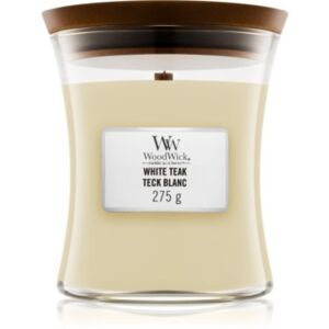 Woodwick White Teak candela profumata con stoppino in legno 275 g