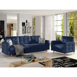 Salotto completo divano letto Zurigo - Tessuto blu scuro+cuscini Botanical