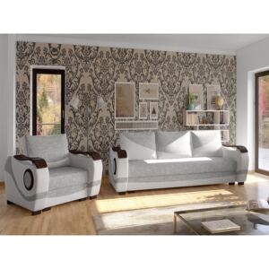 Salotto completo divano letto Norvegia - Ecopelle bianco+tessuto grigio chiaro