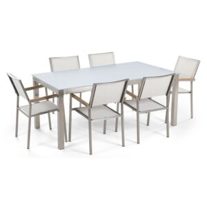 Set da Giardino Tavolo con Piano Vetro Bianco 6 Sedie Bianche 180 x 90 cm Beliani